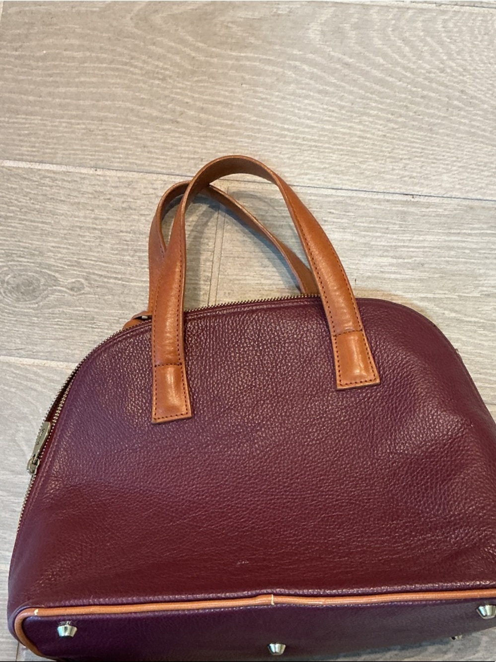 Valentina Burgundy Leather Dome Satchel with Tan Handles Made in Italy - Picture 3 of 7